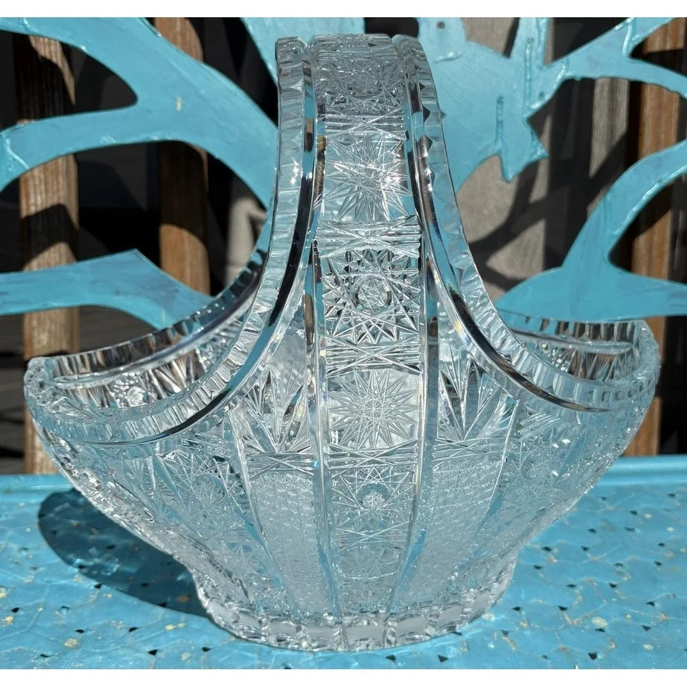 RARE SKLARNY BOHEMIA N.P. QUEEN LACE HAND CUT LEAD CRYSTAL BASKET 13